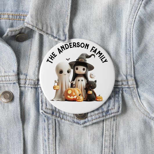Badge Rond 10 Cm Cartoon mignon sorcier fantôme Citrouilles famille (En situation)