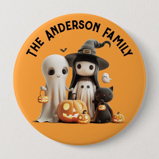 Badge Rond 10 Cm Cartoon mignon sorcier fantôme Citrouilles famille (Devant)