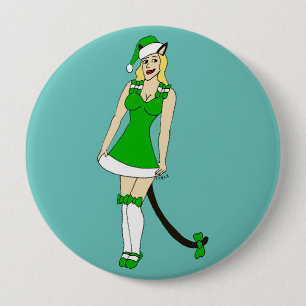 Badge Rond 10 Cm Catgirl de Noël verte