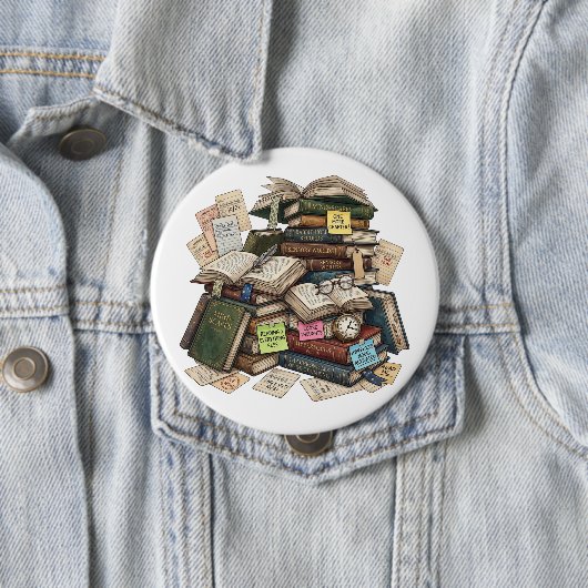Badge Rond 10 Cm Chaotic Academia ADHD Hyperfocus Book Stack (En situation)