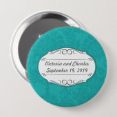 Badge Rond 10 Cm Chartreuse moderne Turquoise Mariage damassé (Devant & derrière)