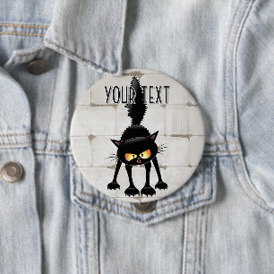 Badge Rond 10 Cm Chat noir de dessin animé drôle et féroce 