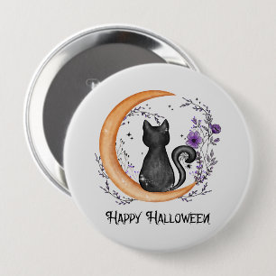 Badge Rond 10 Cm Chat noir et lune de croissant pour Halloween heur