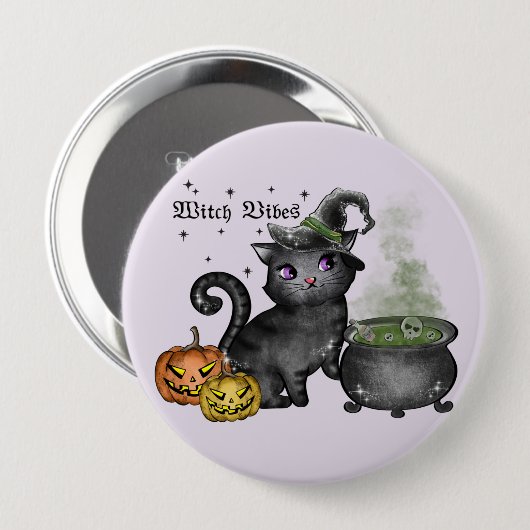 Badge Rond 10 Cm Chat noir sorcière | Vibes sorcières (Devant & derrière)