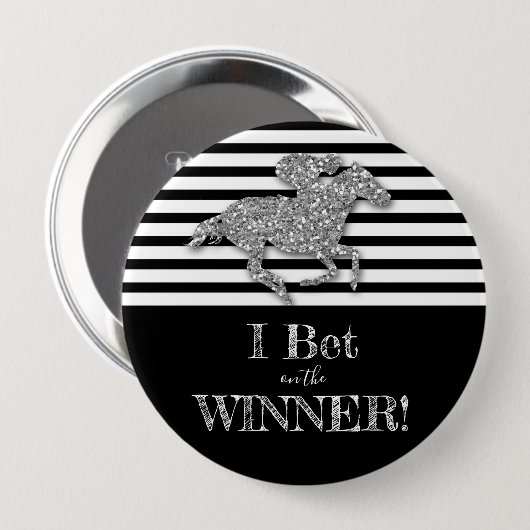 Badge Rond 10 Cm Cheval de course en Parties scintillant d'argent F (Devant & derrière)