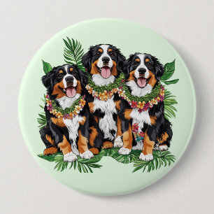 Badge Rond 10 Cm Chiens de montagne bernois hawaïens Lei de fleurs