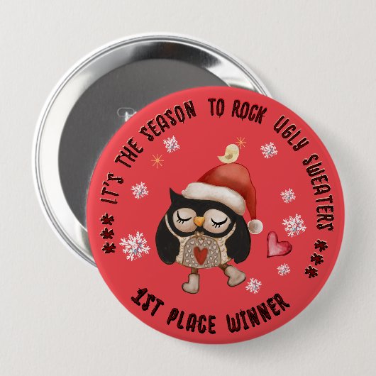 Badge Rond 10 Cm Chouette moche 1er vainqueur Chouette rouge (Devant & derrière)