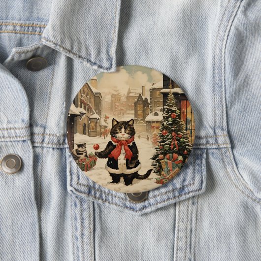 Badge Rond 10 Cm Christmas Kitty, Jour de la neige (En situation)