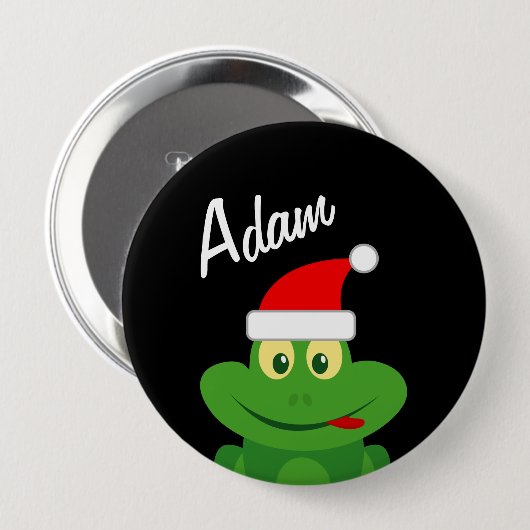 Badge Rond 10 Cm Christmas party name buttons with funny Santa frog (Devant & derrière)