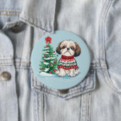 Badge Rond 10 Cm Christmas Shih Tzu Santa Dog (En situation)