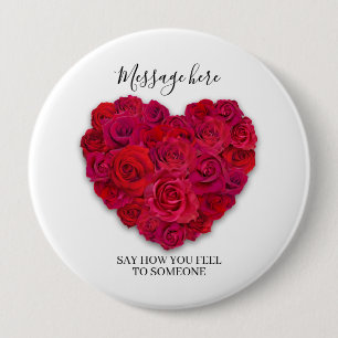 Badge Rond 10 Cm Cœur Floral Romantique Rose Rouge Texte Personnali