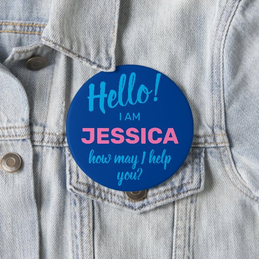 Badge Rond 10 Cm Comment puis-je vous aider Blue Friendly Nom d'ent (En situation)
