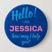 Badge Rond 10 Cm Comment puis-je vous aider Blue Friendly Nom d'ent (Devant)