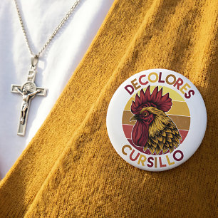 Badge Rond 10 Cm Coq de Cursillo DeColores avec Coucher de Soleil e
