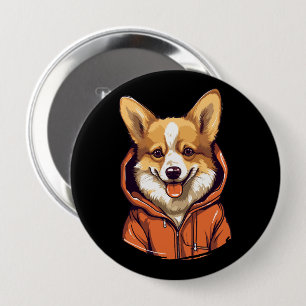 Badge Rond 10 Cm Corgi Drôle Portant un Sweat à Capuche
