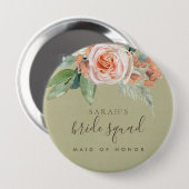 BADGE ROND 10 CM COULEUR D'EAU PEACH FLEURS BRIDE SQUAD MAID D'HONN (Devant & derrière)