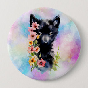Badge Rond 10 Cm Coupe d'aquarelle Black Baby Wolf