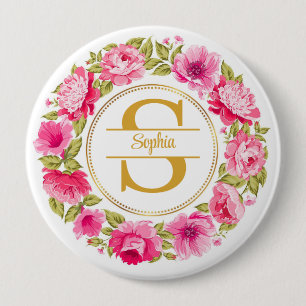 Badge Rond 10 Cm Couronne florale de pivoine rose élégante Monogram