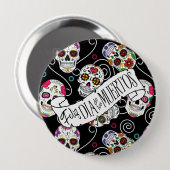 Badge Rond 10 Cm Crânes à sucre et perruques Noir D725 (Devant & derrière)