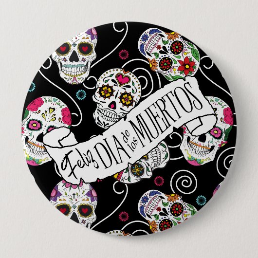 Badge Rond 10 Cm Crânes à sucre et perruques Noir D725 (Devant)