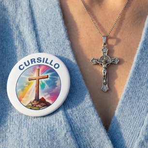 Badge Rond 10 Cm Cursillo Croix en Bois avec Arc-en-Ciel et Nuages