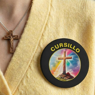 Badge Rond 10 Cm Cursillo Croix en Bois avec Arc-en-ciel et Nuages