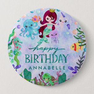 Badge Rond 10 Cm Cute Ocean Animals Mermaid Thème Joyeux Anniversai