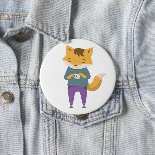 Badge Rond 10 Cm Cute renard avec tasse de thé (En situation)