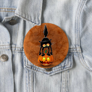 Badge Rond 10 Cm Dessin d'Halloween au chat effrayé sur Citrouille