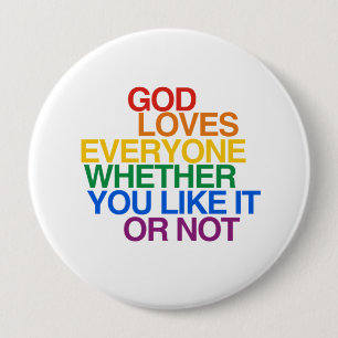 BADGE ROND 10 CM DIEU AIME TOUT LE MONDE -