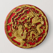 Badge Rond 10 Cm Dragon Phénix Rouge Or Cadeau de Mariage Chinois (Devant)