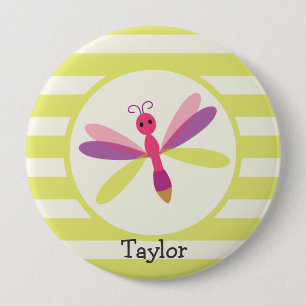Badge Rond 10 Cm Dragonfly rose et violet sur les bandes vertes de