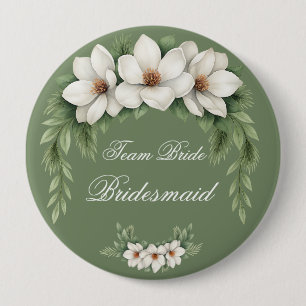 Badge Rond 10 Cm Elégant Magnolia Blanc Mariage Hiver Pine Tree