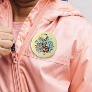Badge Rond 10 Cm Fantaisie Pastel Chat Féerique Tigré Floral 