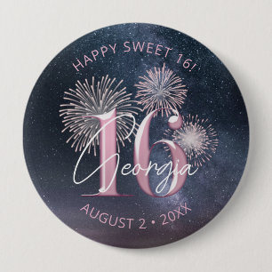 Badge Rond 10 Cm Feux d'artifice Sweet 16 Minuit Blush ID984