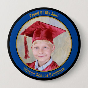 Badge Rond 10 Cm Fier De Votre Bouton Photo Bleu Gold Graduate