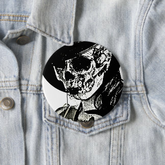 Badge Rond 10 Cm Fille Crâne - Bouton Noir et Blanc