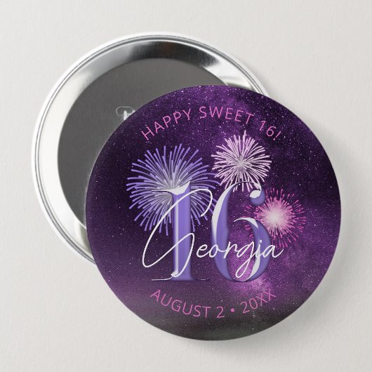 Badge Rond 10 Cm Fireworks Sweet 16 Purple ID984 (Devant & derrière)