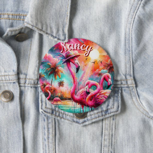 Badge Rond 10 Cm Flamants roses roses tropicaux Palmiers Personnali