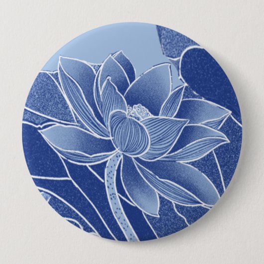 Badge Rond 10 Cm Fleurs Bleues Élégantes Chinoiserie Lotus Mandala (Devant)