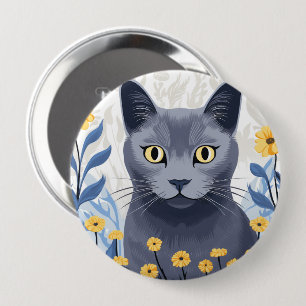 Badge Rond 10 Cm Fleurs Jaunes Chat Bleu Russe