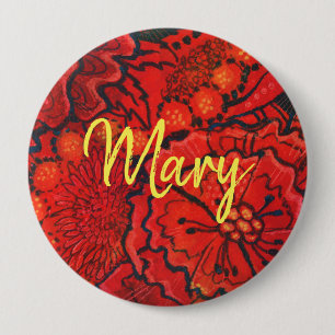 Badge Rond 10 Cm Fleurs rouges nom monogramme personnalisé texte pe