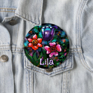 Badge Rond 10 Cm Floral Whimsal violet rose bleu Personnalisé