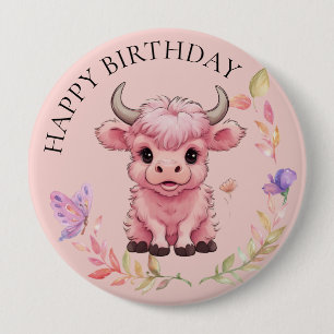 Badge Rond 10 Cm Fluffy Rose Highlands Scottish Cow