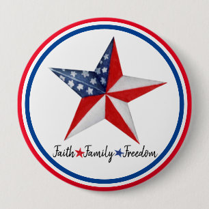 Badge Rond 10 Cm Foi Famille Liberté Rouge Blanc Bleu Étoile Patrio
