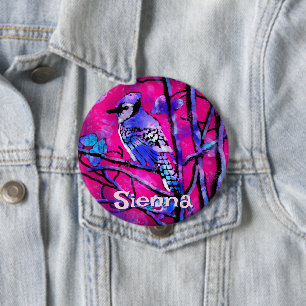 Badge Rond 10 Cm Geai bleu arbre branche rose personnalisé