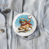 Badge Rond 10 Cm Golden Retriever Chien Jouant Au Baseball (En situation)
