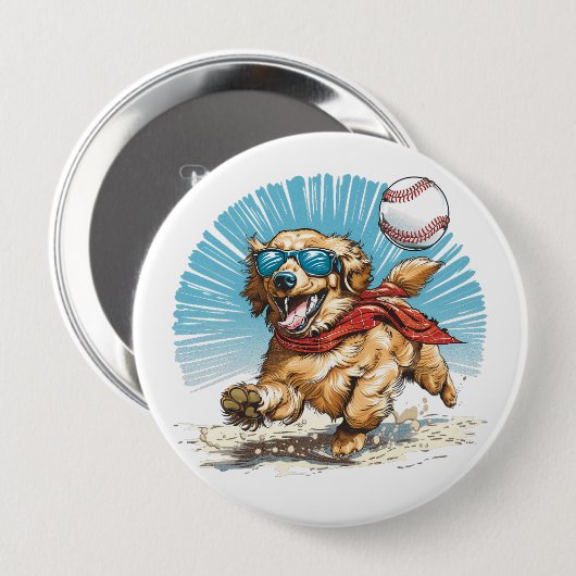 Badge Rond 10 Cm Golden Retriever Chien Jouant Au Baseball (Devant & derrière)