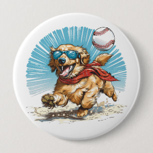 Badge Rond 10 Cm Golden Retriever Chien Jouant Au Baseball