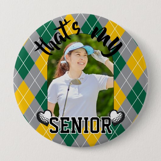Badge Rond 10 Cm Golf C'est mon joueur principal Bouton jaune vert (Devant)